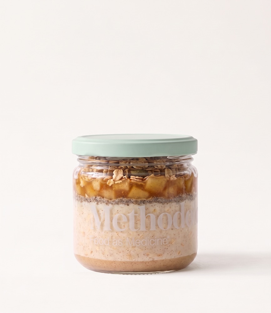 Superfood apple pie overnight oats with granola and almond butter