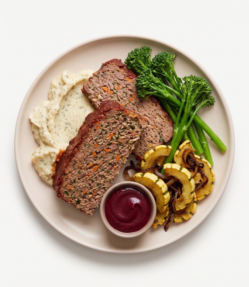 Grass-fed beef meatloaf with cauliflower cannellini mash and broccolini
