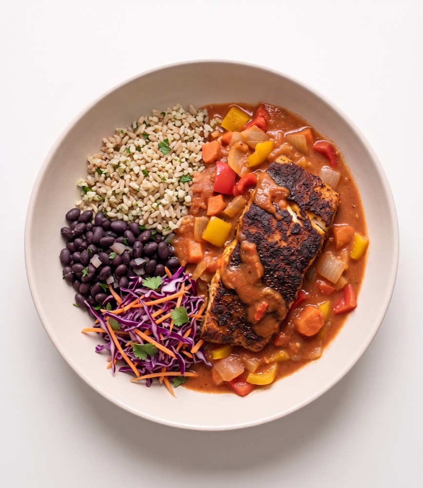 Brazilian spiced tomato stew with blackened sea bass and cilantro lime rice