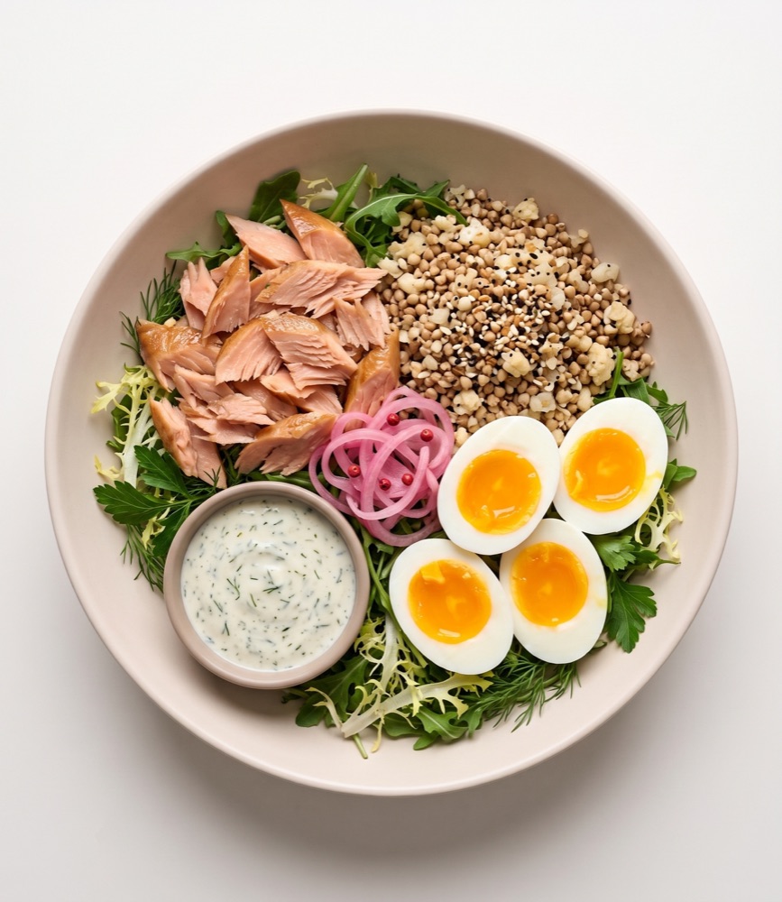 Omega-3 brunch grain bowl with hot smoked salmon and a soft boiled egg