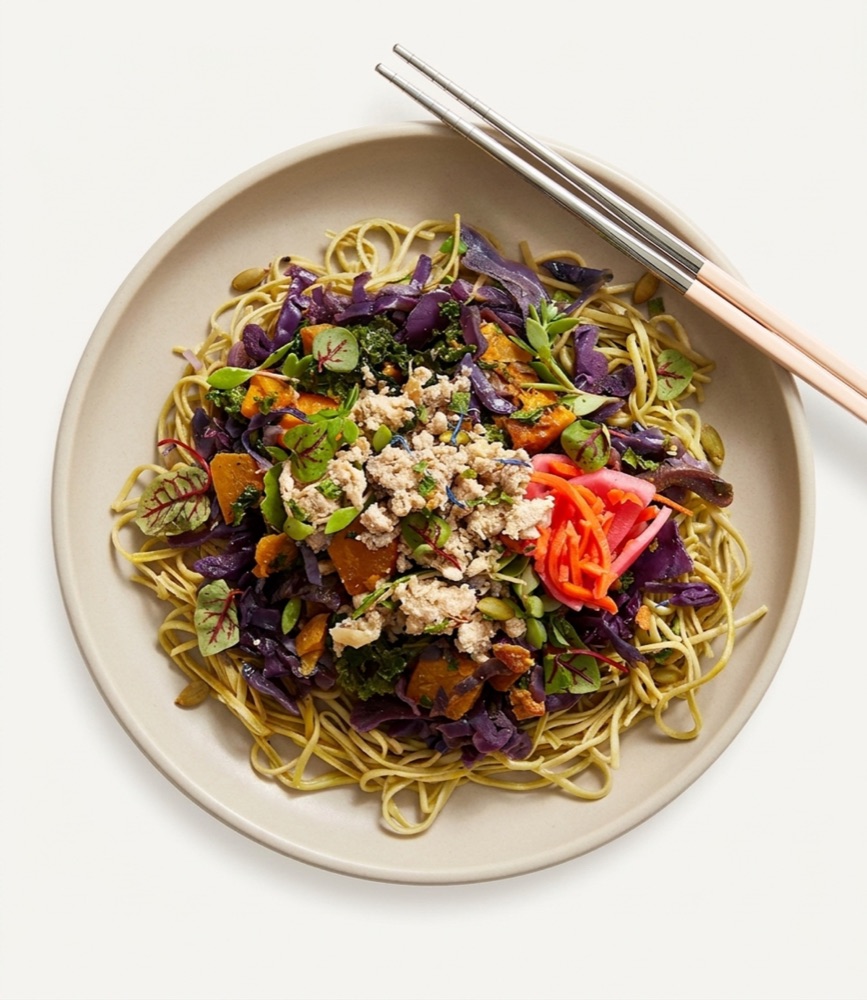 Thai basil chicken with maca curry kabocha and beetroot noodles