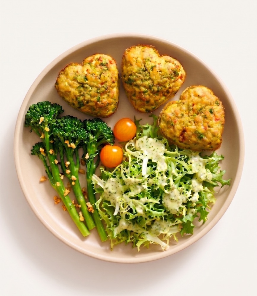 Basil and sundried tomato frittatas over a garden salad