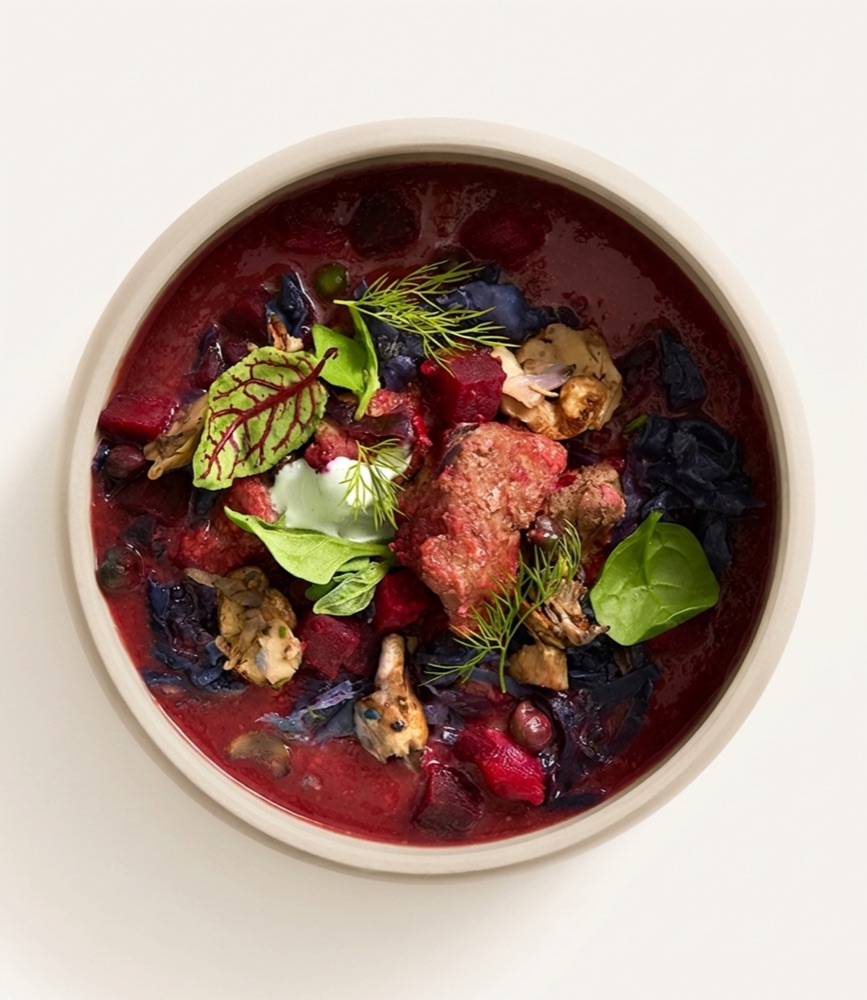 Ukrainian borscht with braised grass-fed beef and roasted beets
