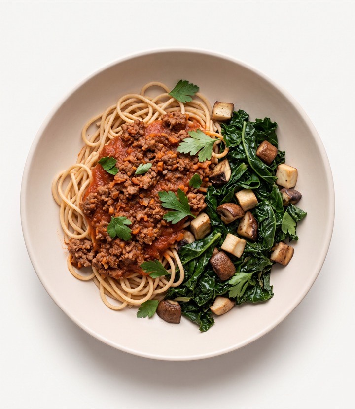 Grass-Fed Beef Bolognese with organic chickpea pasta, sauteed kale, and mushrooms