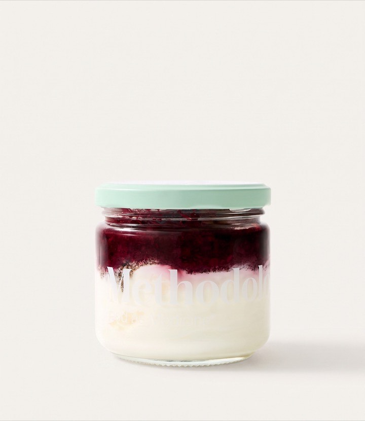 Julie's Protein Brekkie Bowl: organic Greek yogurt with brazil nuts, chia and cacao nib sprinkle, and blackberry chia jam in a Methodology glass jar
