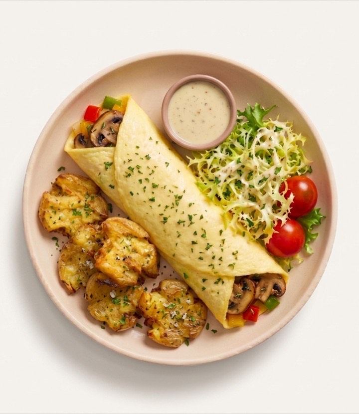 Stuffed Garden Omelette: a rolled cage-free egg omelette with roasted mushrooms and peppers, smashed potatoes, and a crisp frisée salad