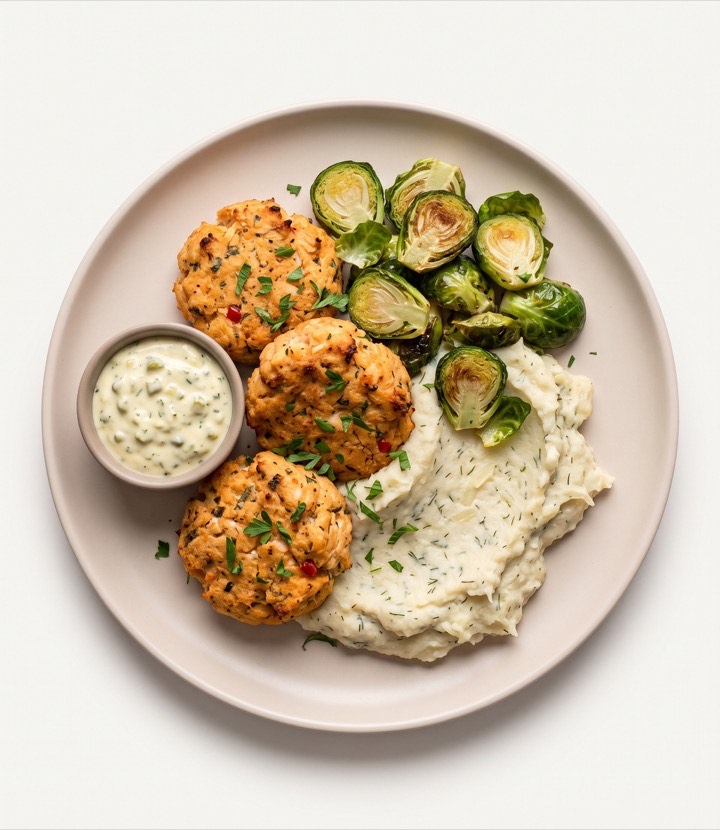 Steelhead trout cakes with preserved lemon tartar, cauliflower and white bean mash, and roasted brussels sprouts